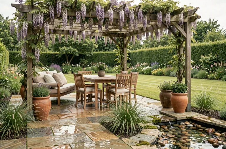 Terrasse de jardin aménagée avec pergola en bois, pavés en pierre naturelle et plantes ornementales pour un espace extérieur harmonieux