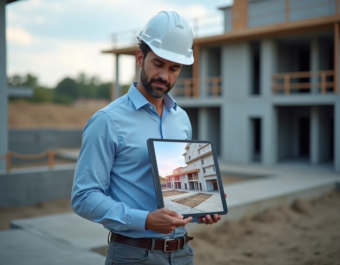 Architecte sur chantier utilisant une tablette en réalité augmentée pour visualiser un projet de construction