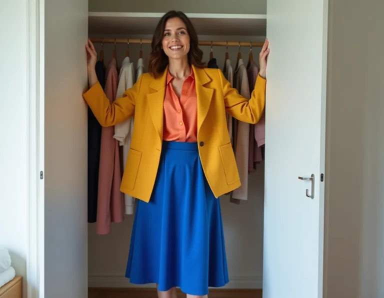 Femme assemblant trois couleurs vives dans sa garde-robe — jaune moutarde, bleu cobalt et corail