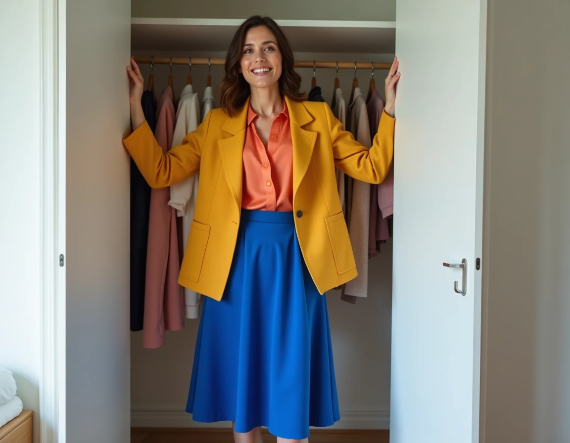 Femme assemblant trois couleurs vives dans sa garde-robe — jaune moutarde, bleu cobalt et corail