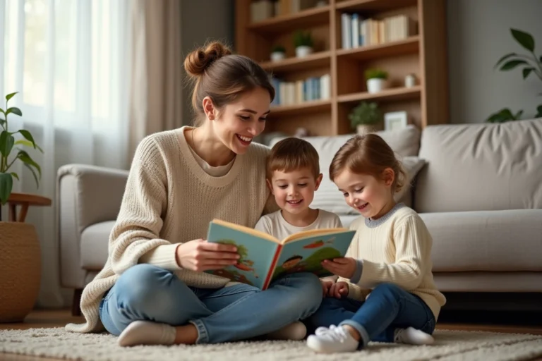 Jeune baby-sitter lisant un livre illustré à deux enfants dans un salon familial chaleureux