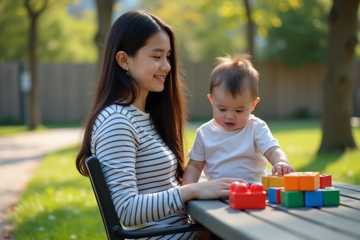 Jeune baby-sitter surveillant un tout-petit jouant avec des cubes colorés dans un parc urbain