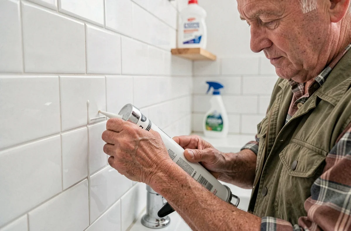 Artisan bricoleur appliquant du joint silicone sur des carreaux de salle de bain avec un pistolet à calfeutrer