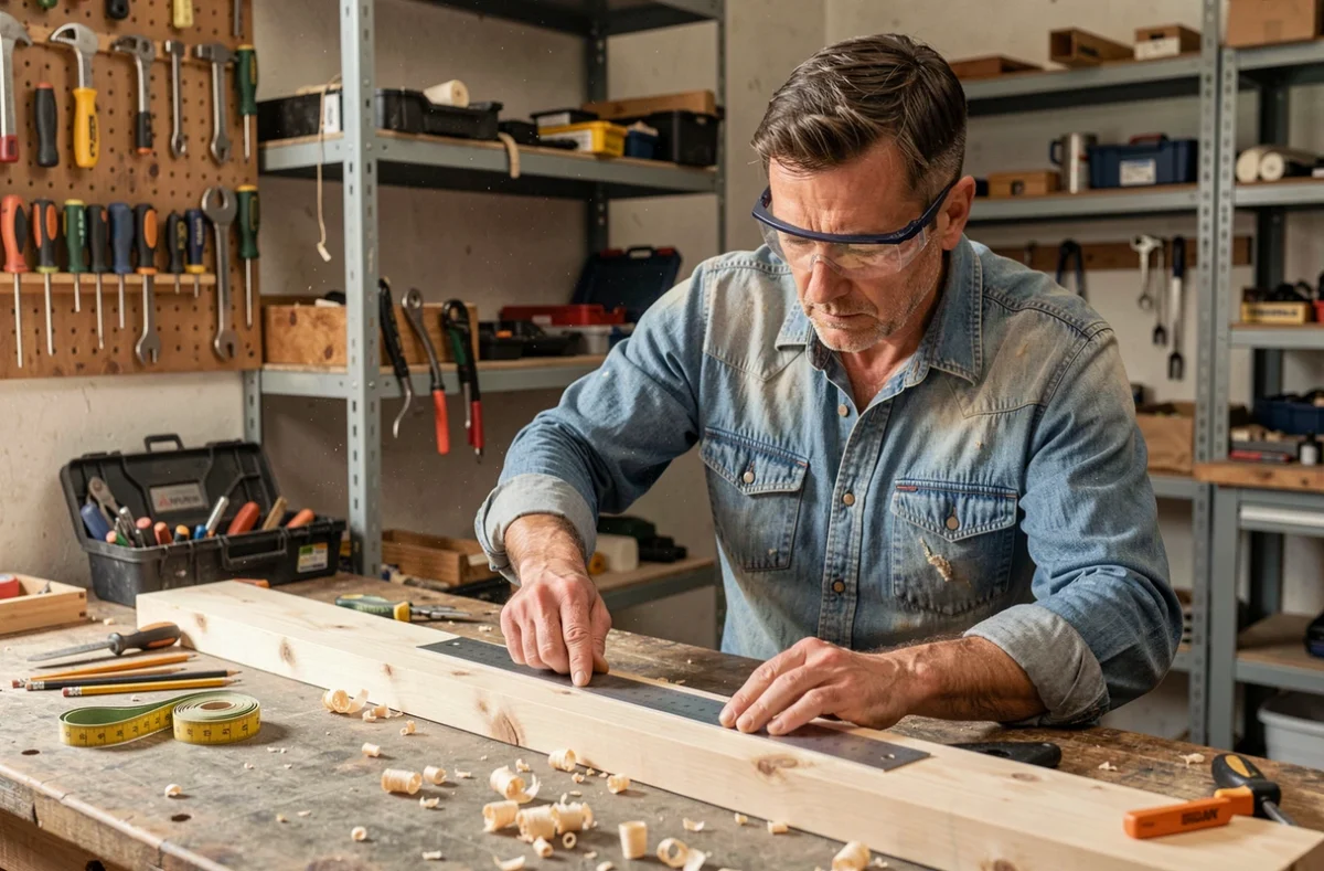 Homme bricoleur mesurant une planche en bois dans un atelier de garage maison avec des outils