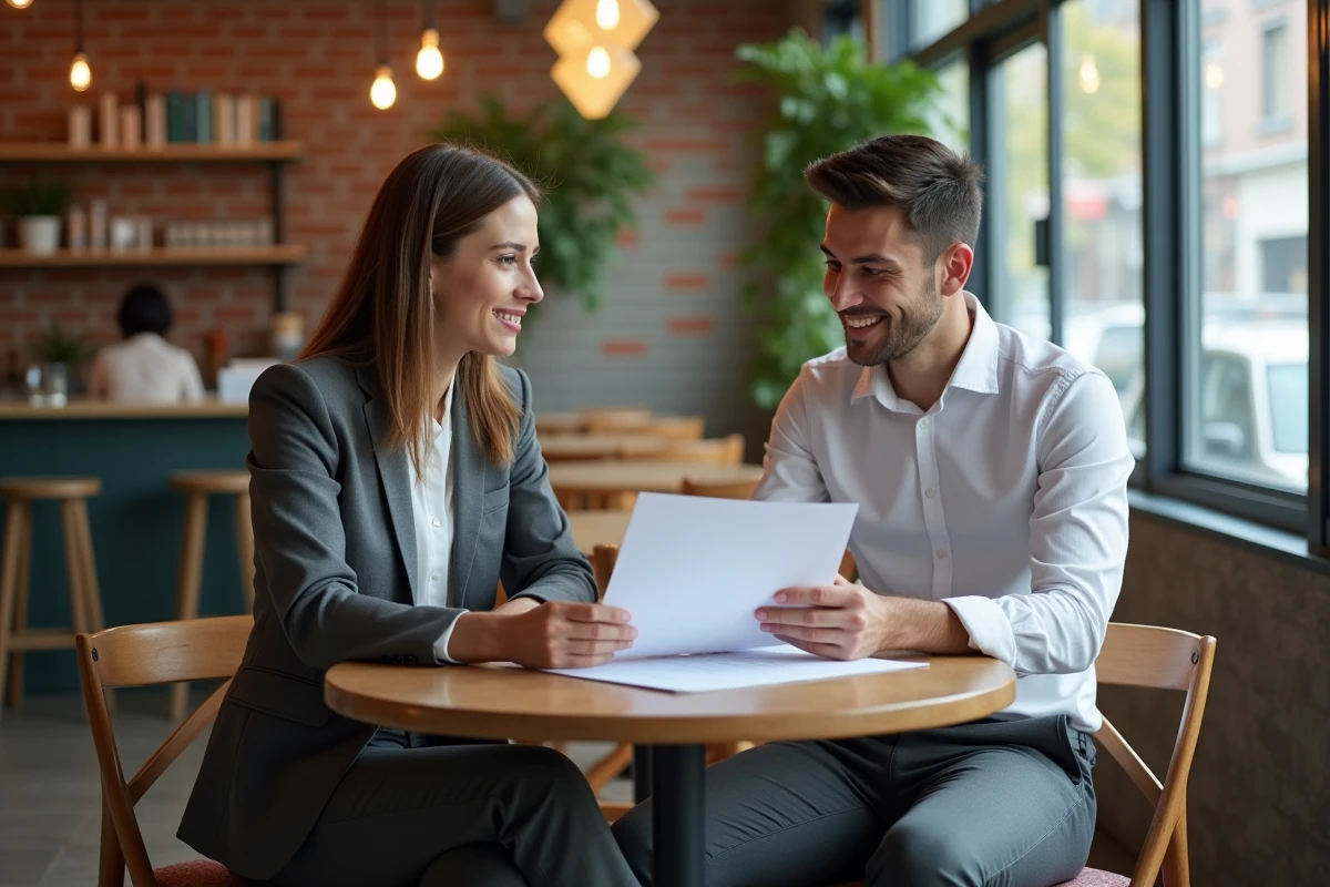 Jeune superviseure discutant avec un stagiaire dans un café chaleureux