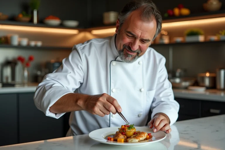 Chef français en cuisine haut de gamme en train de dresser un plat