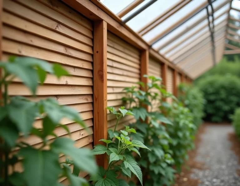 Claie d'ombrage en bois naturel installée contre une serre de jardin avec des plantes potagères en dessous