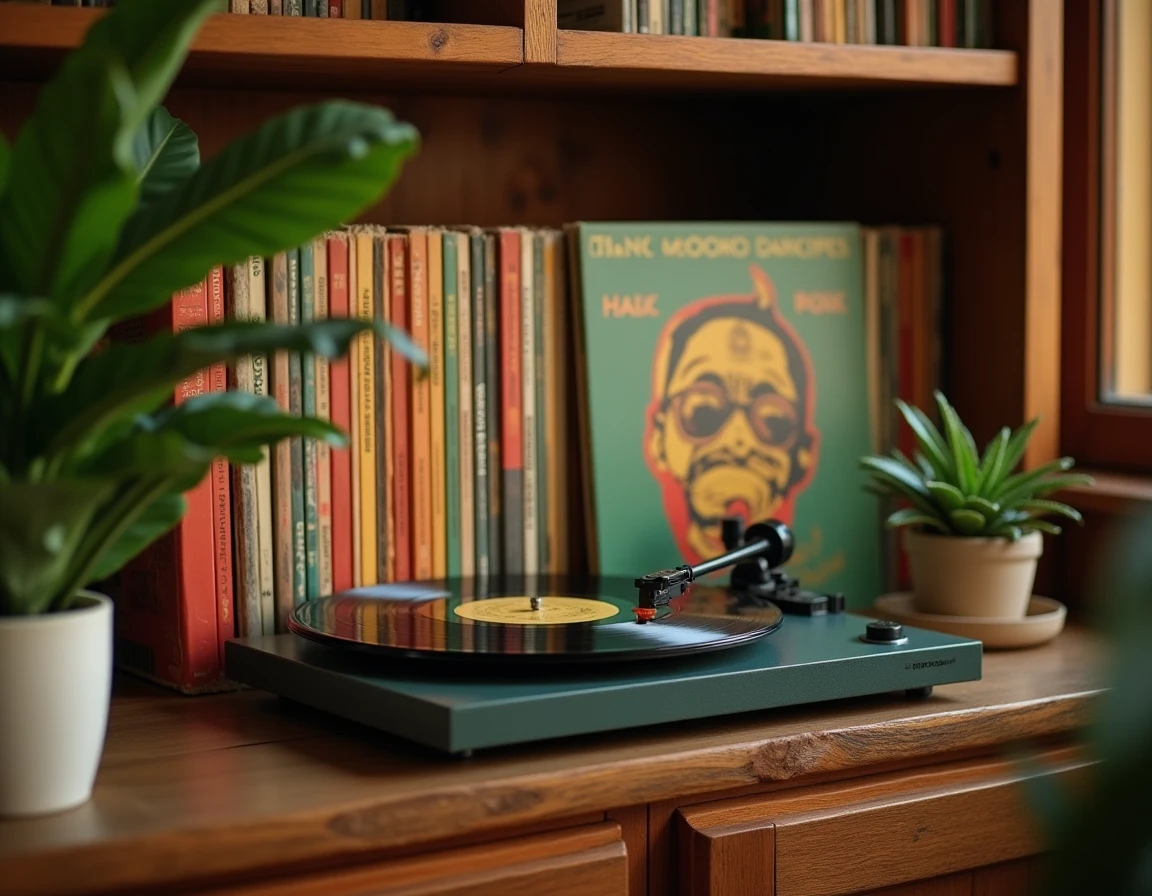 Collection de vinyles reggae jamaïcain sur une étagère en bois avec une platine tourne-disque vintage