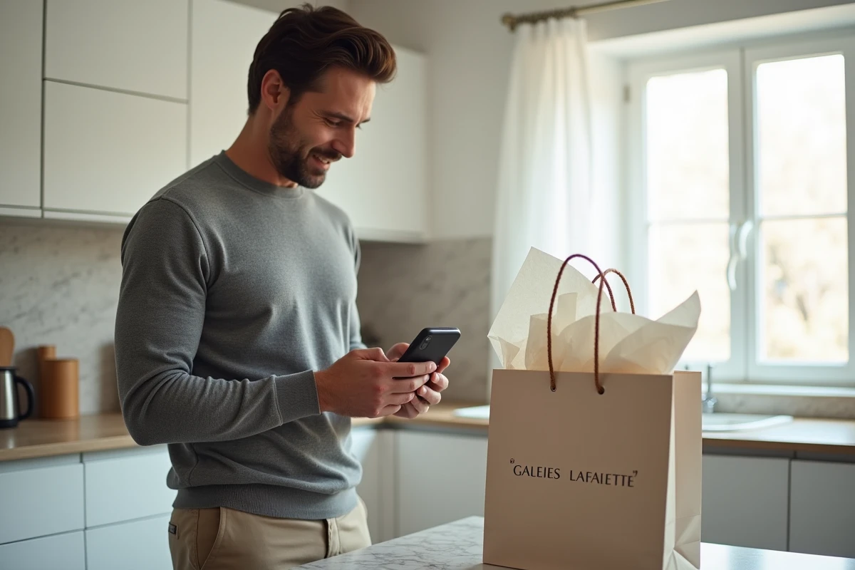 Homme consultant la confirmation de retour Galeries Lafayette sur smartphone avec son colis prêt