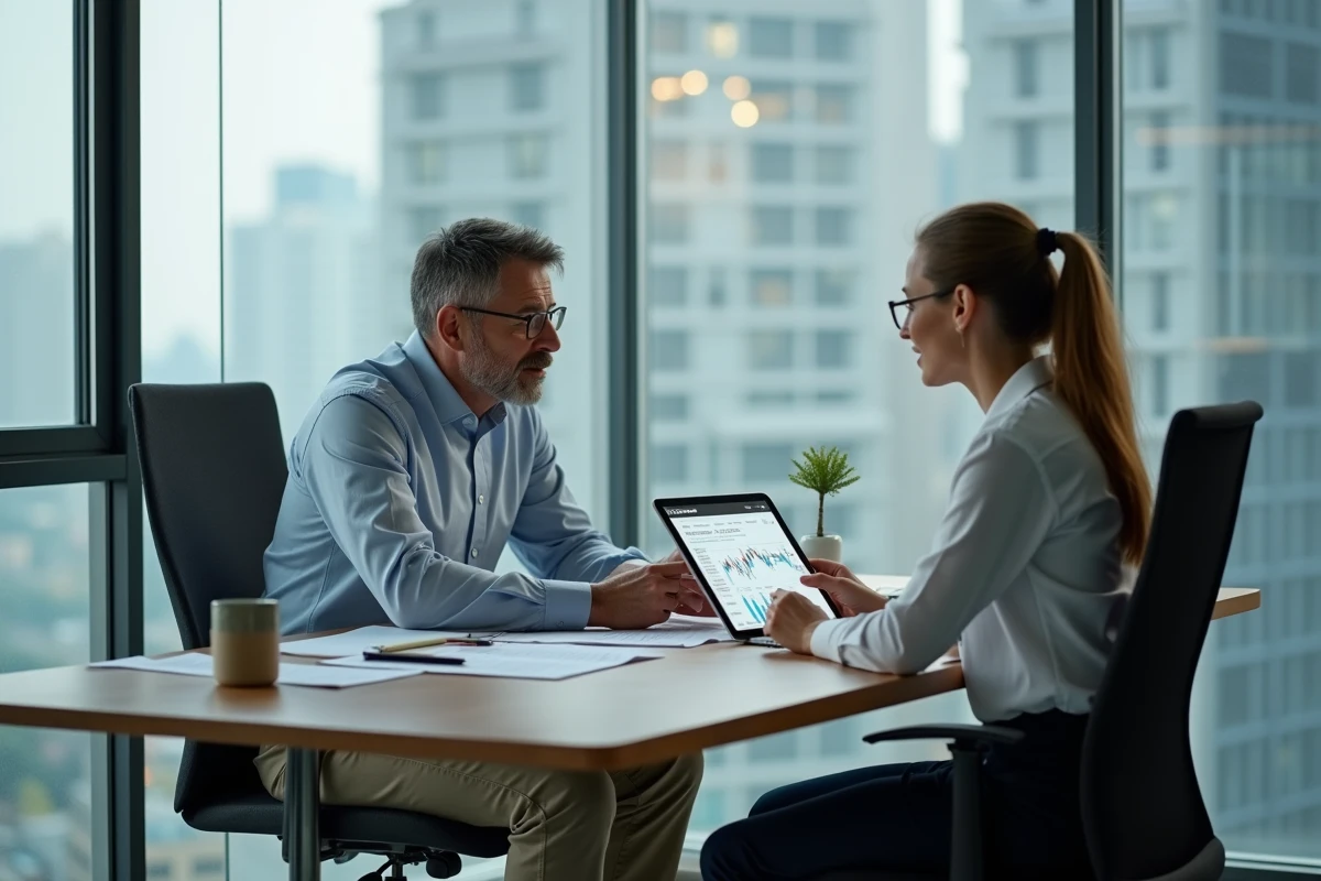 Homme et femme consultant des graphiques financiers au bureau