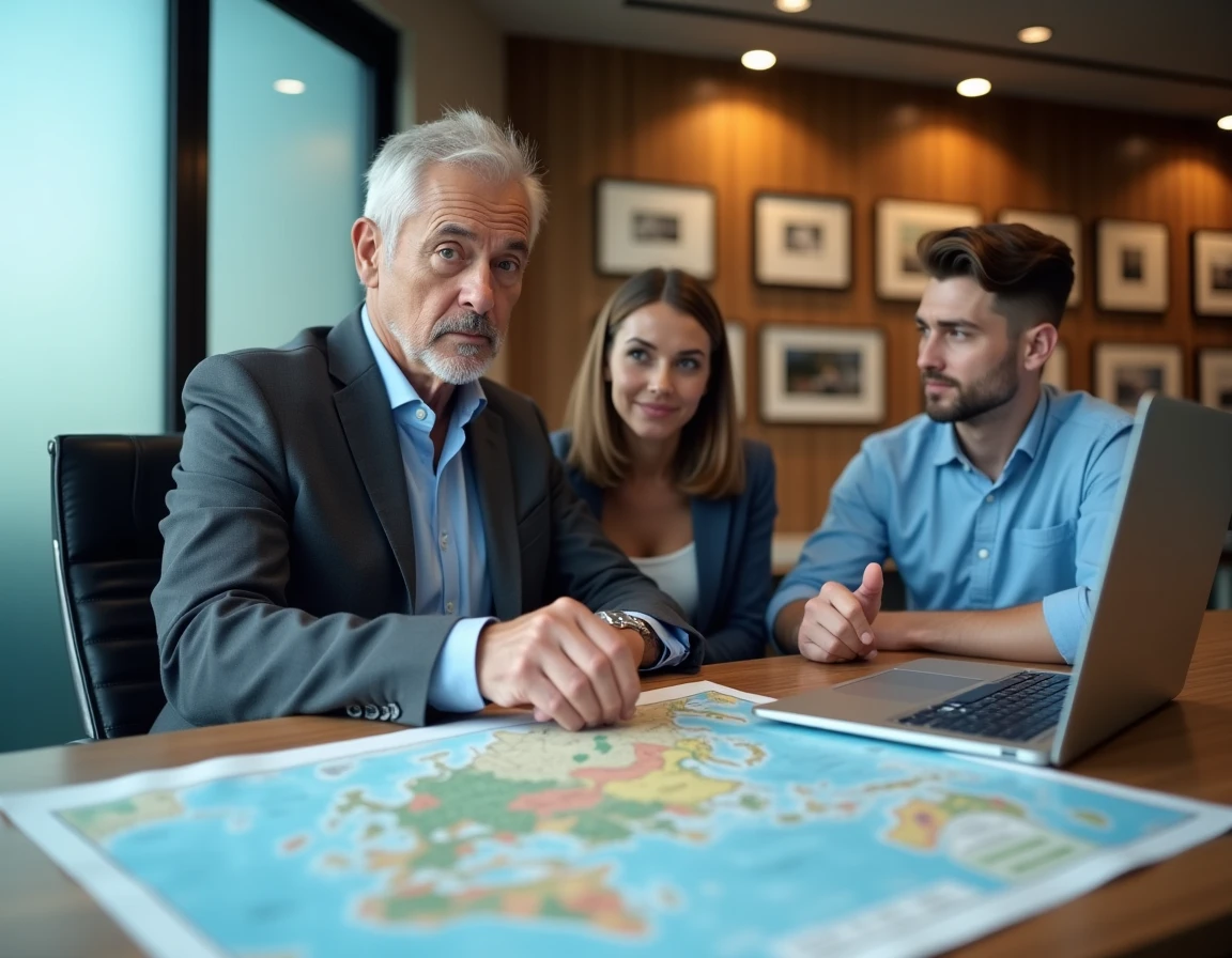 Conseiller en voyages présentant un itinéraire personnalisé à un couple dans une agence de voyage moderne