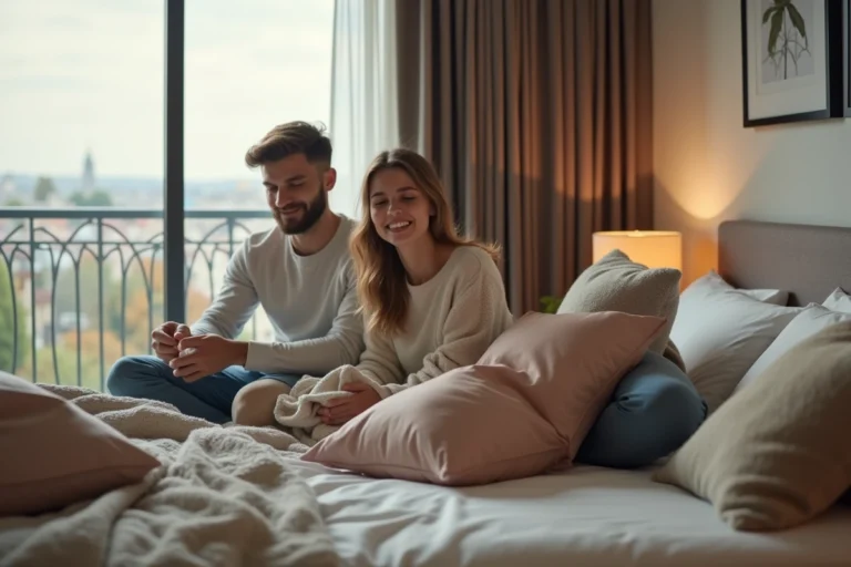 Jeune couple souriant déballant leurs sacs dans un appartement moderne