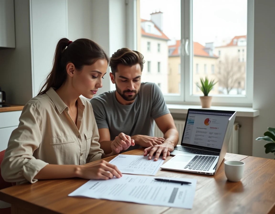 Couple consultant une estimation de frais de notaire sur papier et ordinateur portable à une table moderne