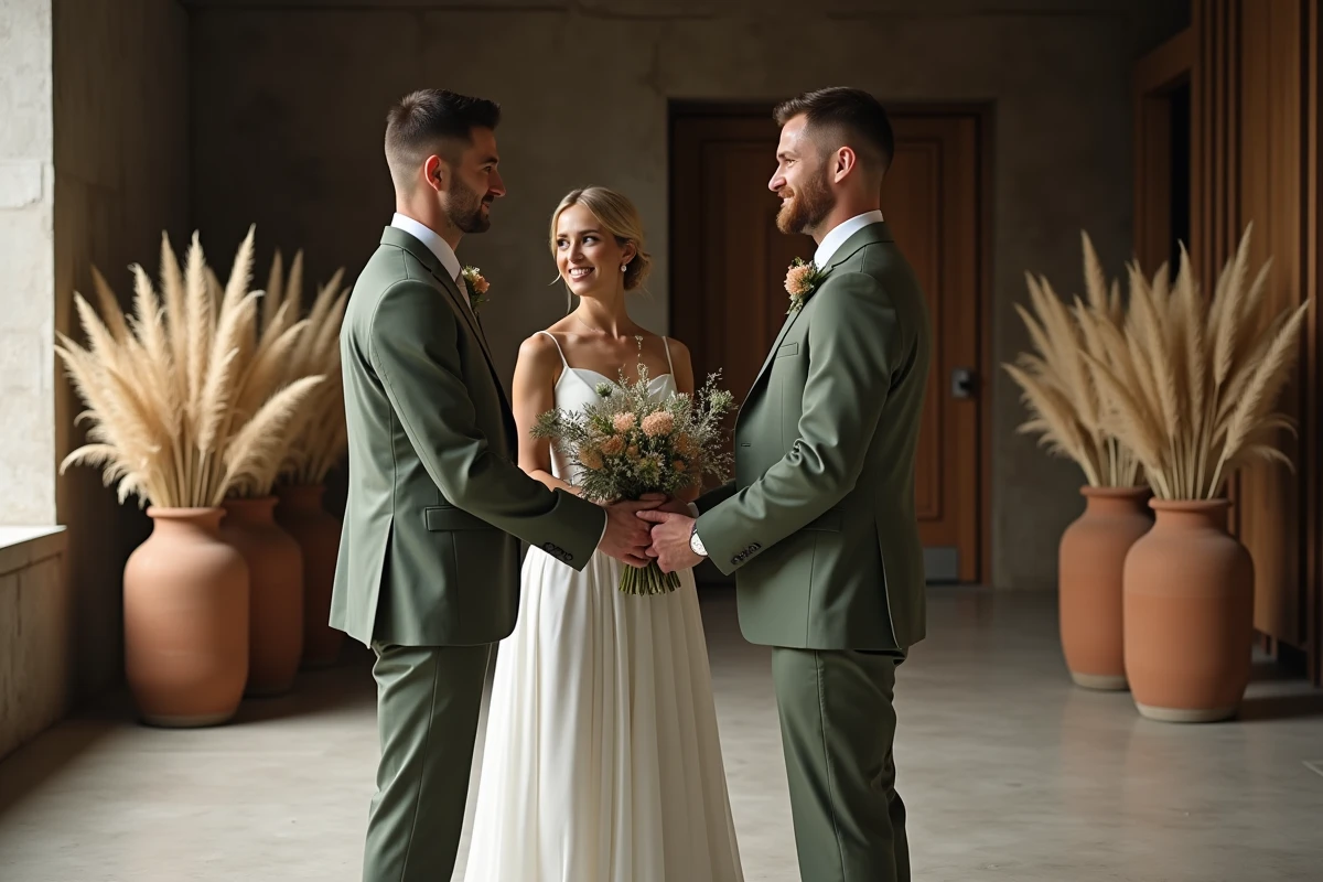 Couple de mariés dans une salle moderne minimaliste avec décoration en pampa et accessoires en terracotta, mariage tendance 2024