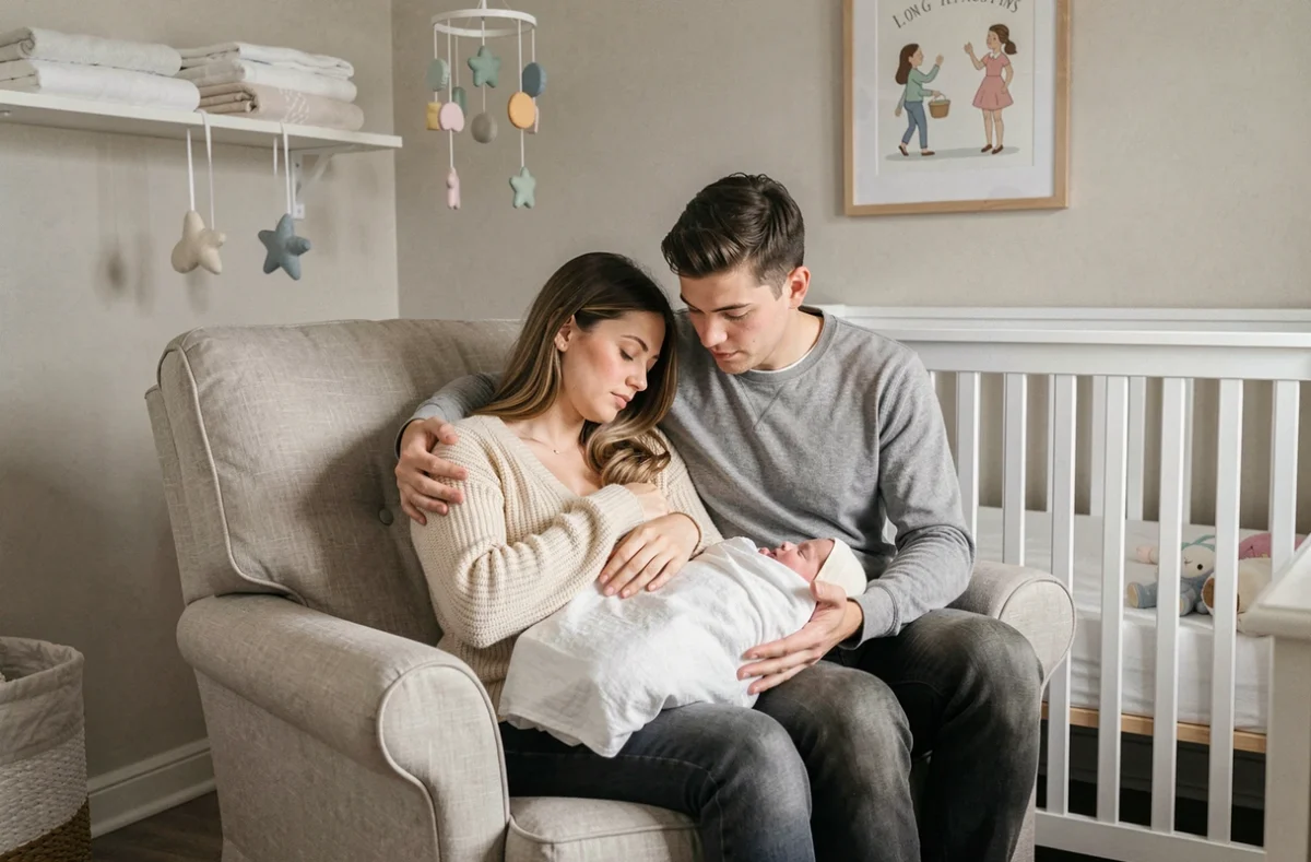 Jeune couple de parents dans une chambre de bébé, mère allaitant son nouveau-né soutenue par le père, ambiance douce et réaliste