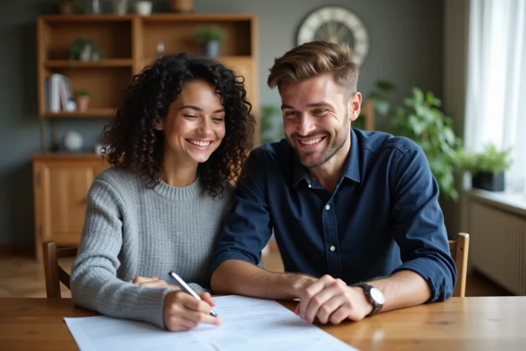Couple examinant des documents de prêt immobilier Modulimmo Crédit Mutuel à leur table de salle à manger