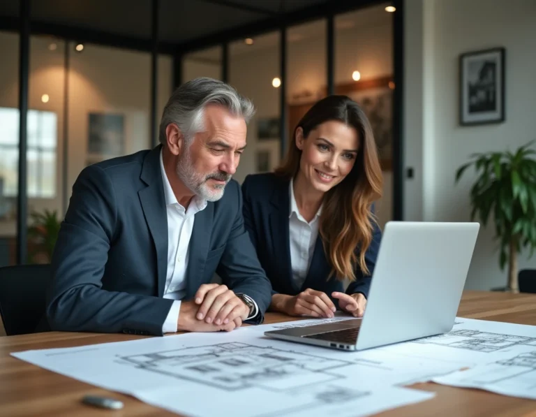 Couple de professionnels étudiant des plans immobiliers sur une table en bois dans une agence moderne