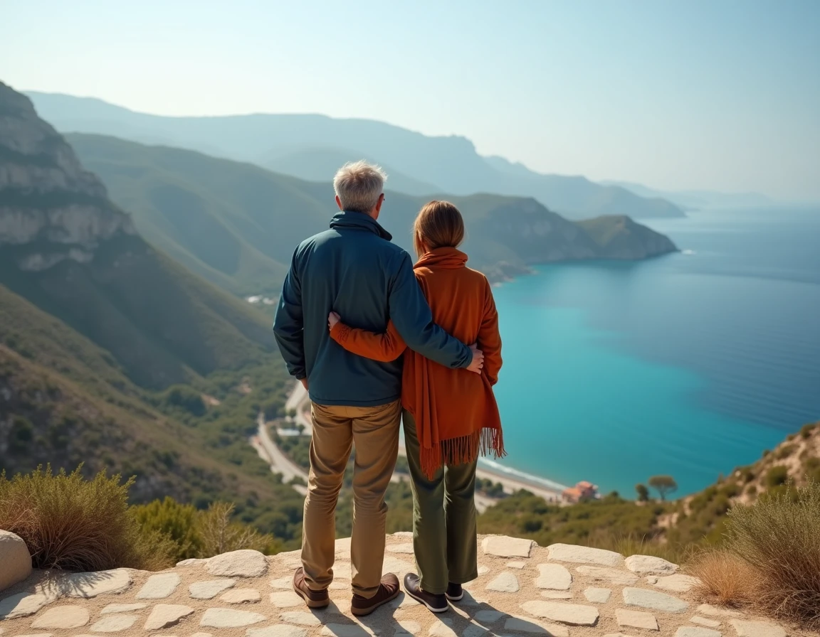 Couple contemplant un paysage côtier spectaculaire lors d'un voyage personnalisé en bord de mer