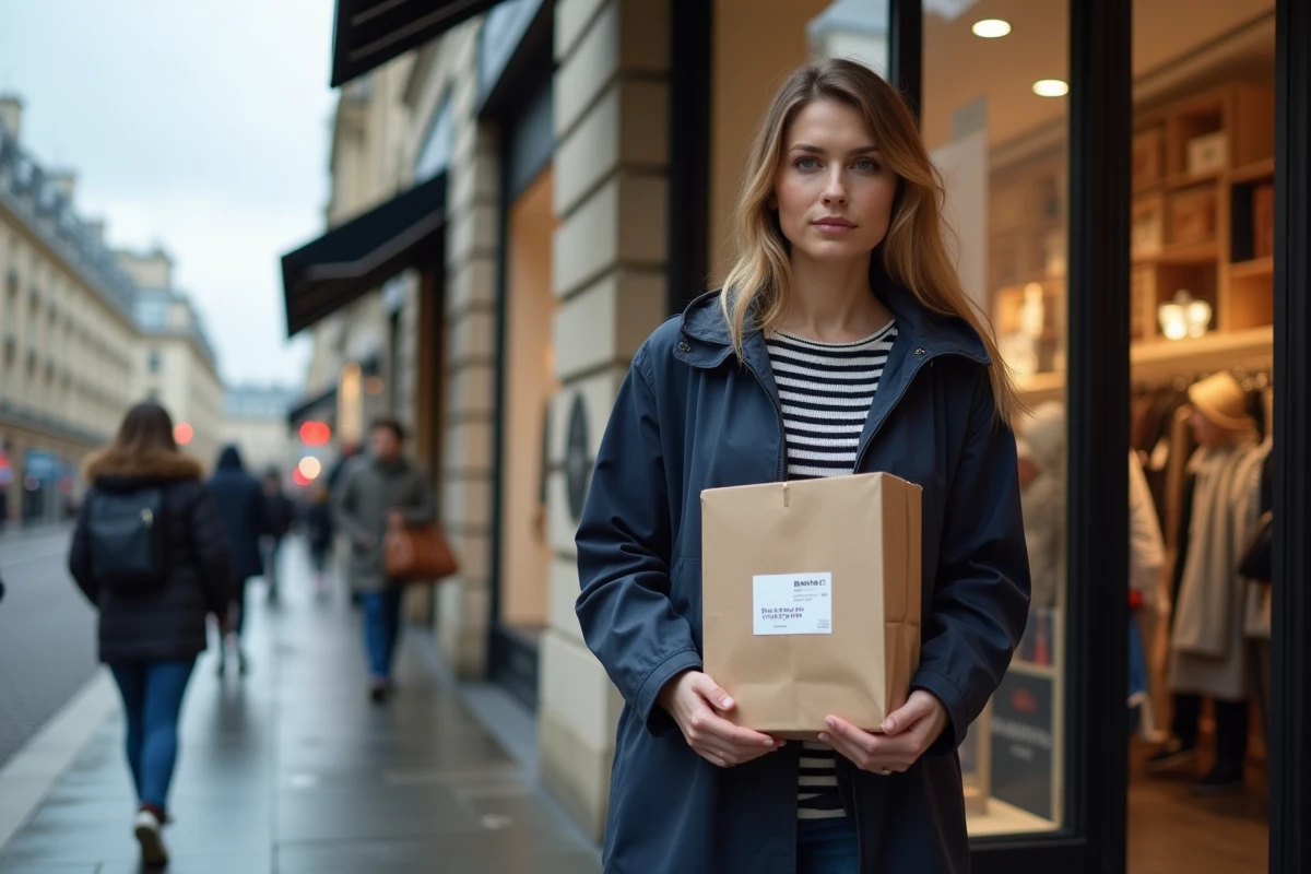Femme déposant un retour en magasin devant la façade des Galeries Lafayette à Paris
