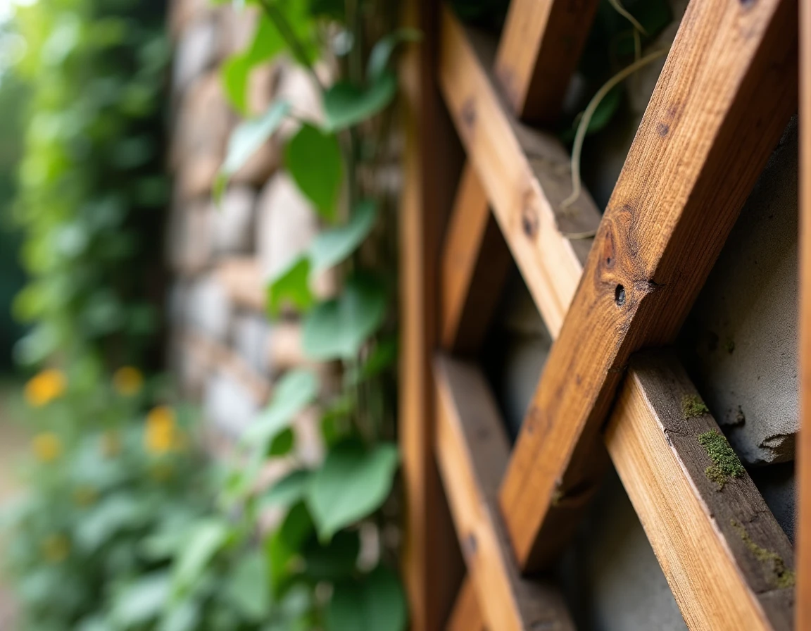 Gros plan sur une claie en bois de châtaignier aux lattes entrelacées posée contre un mur en pierre de jardin
