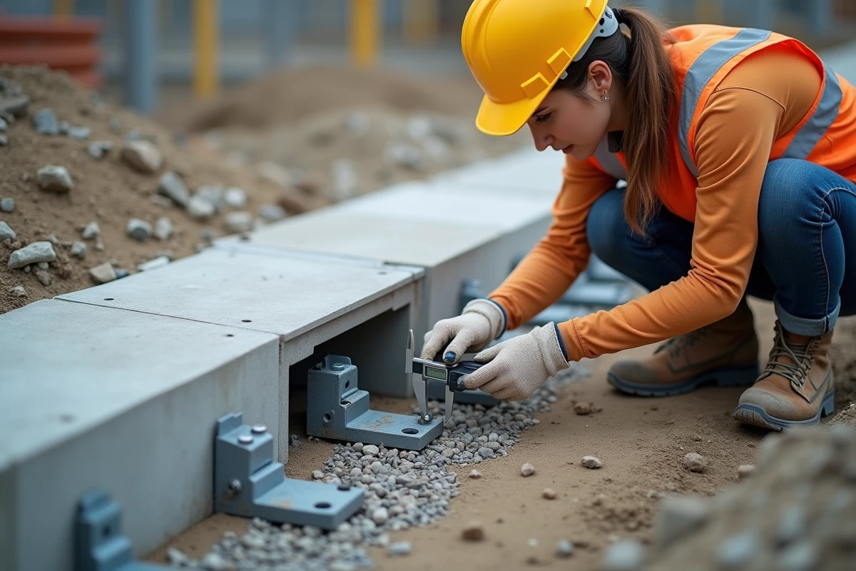 Détail de longrine de fondation préfabriquée en béton supportant un escalier ERP modulaire sur chantier extérieur avec ingénieure mesurant les ancrages