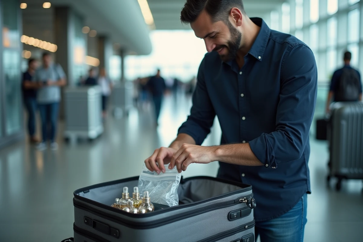 Homme préparant ses flacons de parfum dans un sac transparent pour le contrôle de sécurité à l'aéroport