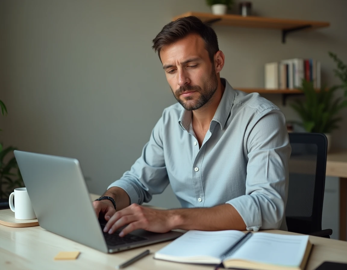 Entrepreneur concentré rédigeant un business plan sur ordinateur portable dans un bureau à domicile minimaliste