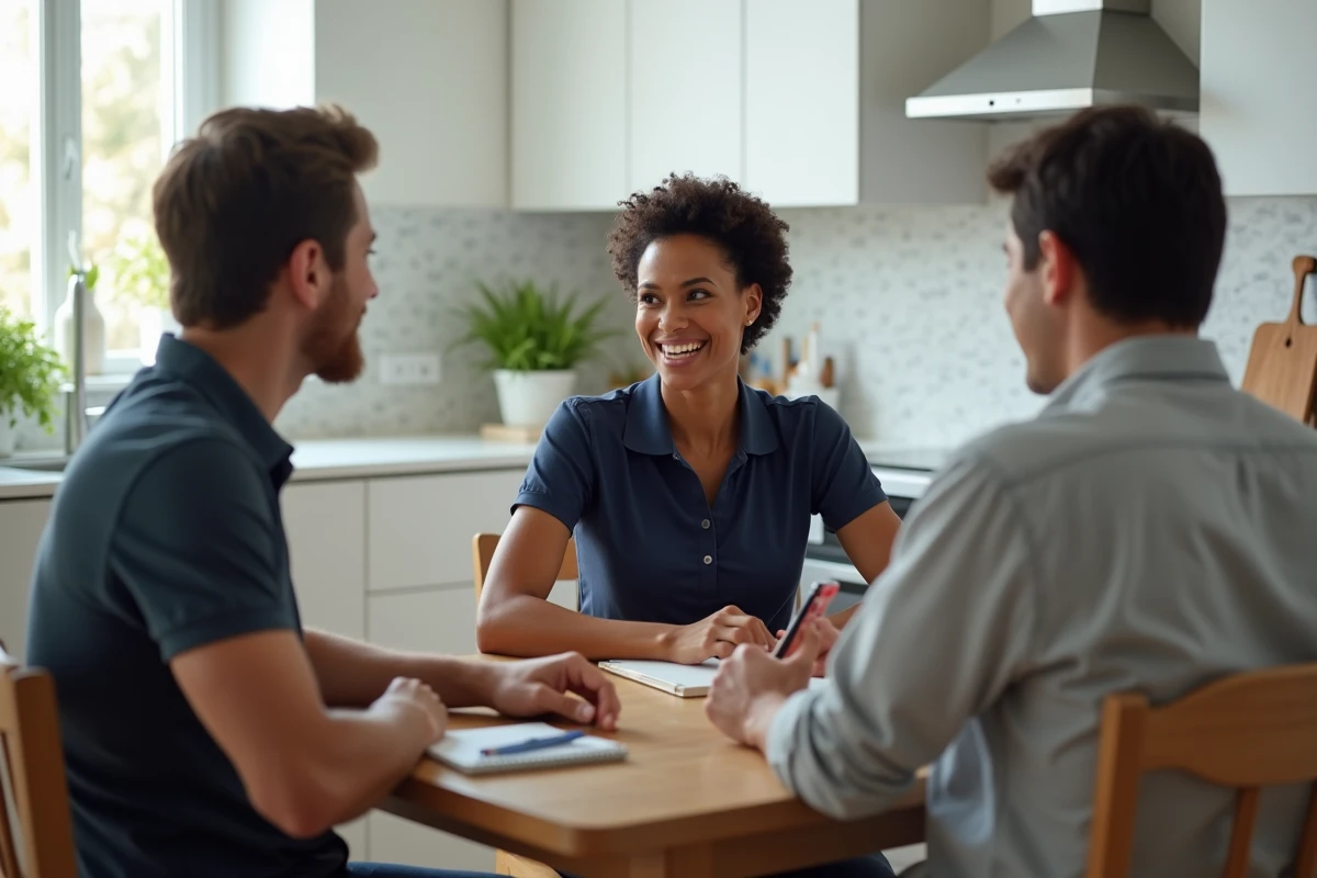 Entretien entre des parents et une candidate baby-sitter autour d'une table de cuisine moderne