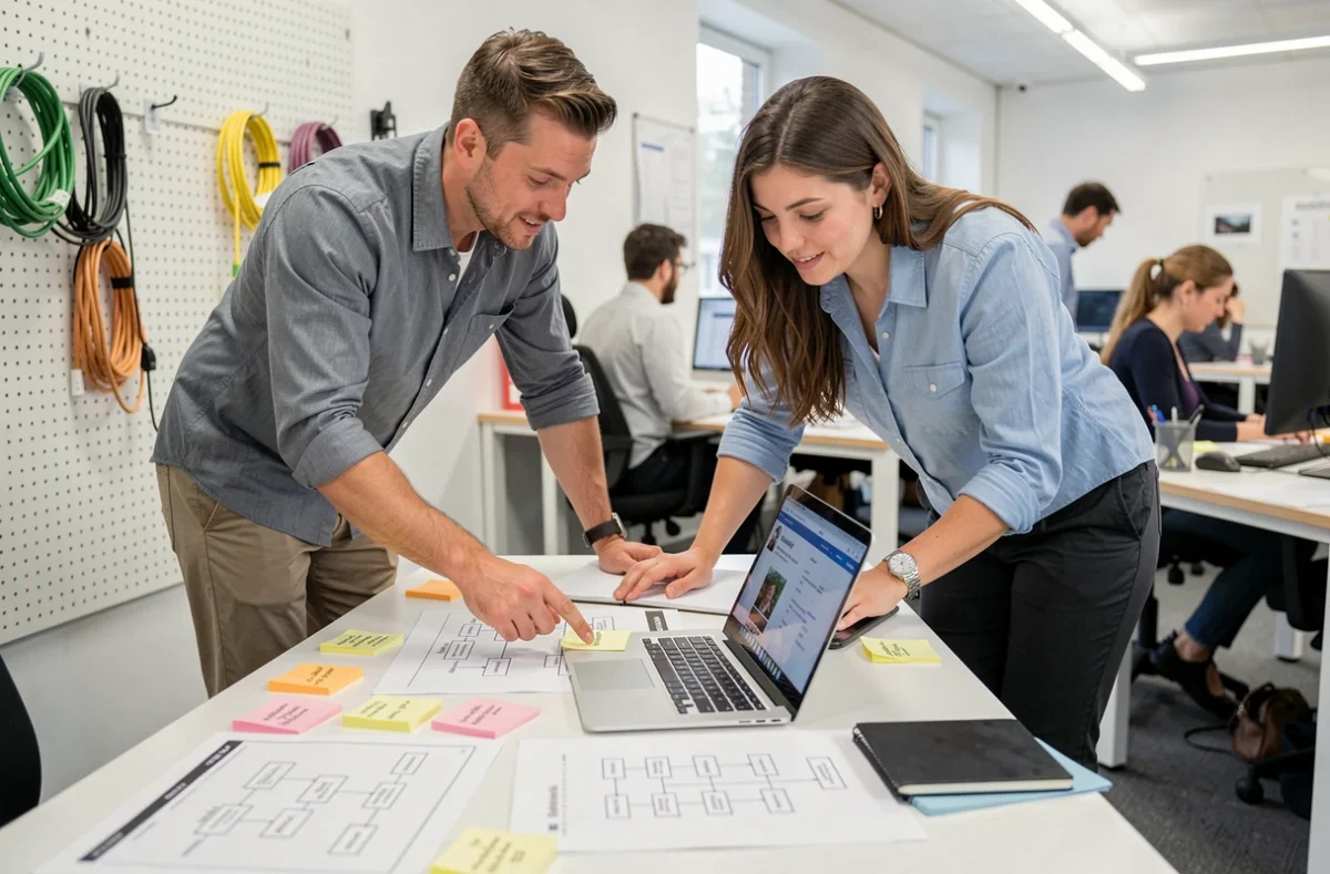 Deux professionnels analysant l'architecture d'un site high-tech avec des diagrammes et un ordinateur portable dans un espace de coworking
