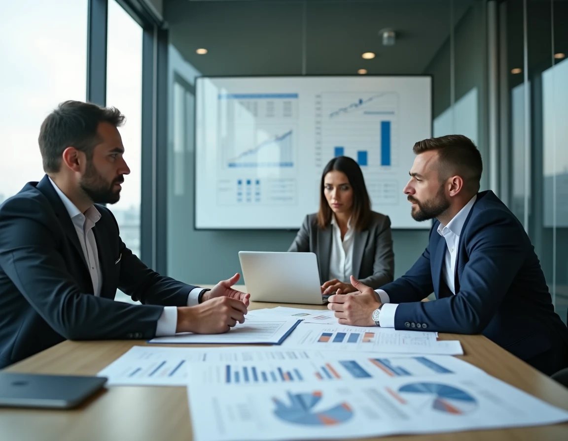 Équipe de professionnels discutant d'un business plan autour d'une table de réunion avec graphiques financiers