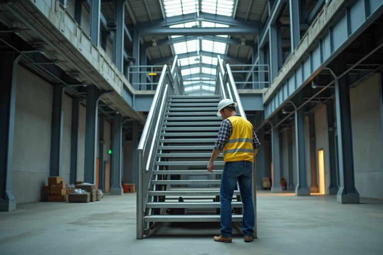 Escalier industriel ERP en acier galvanisé avec longrines de fondation en béton dans un entrepôt, ingénieur inspectant les assemblages structurels