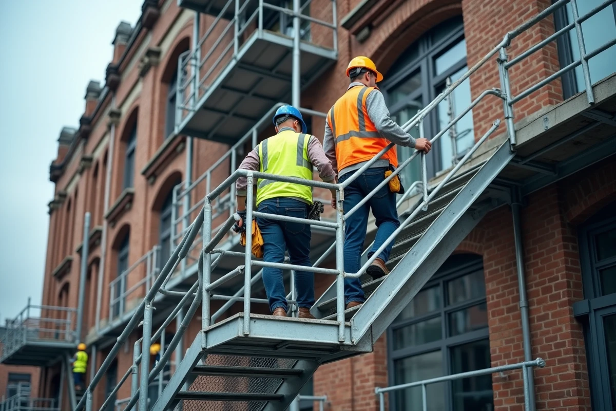 Escalier ERP extérieur multi-niveaux en acier galvanisé avec garde-corps fixé sur façade de bâtiment commercial en rénovation, ouvriers en équipement de sécurité