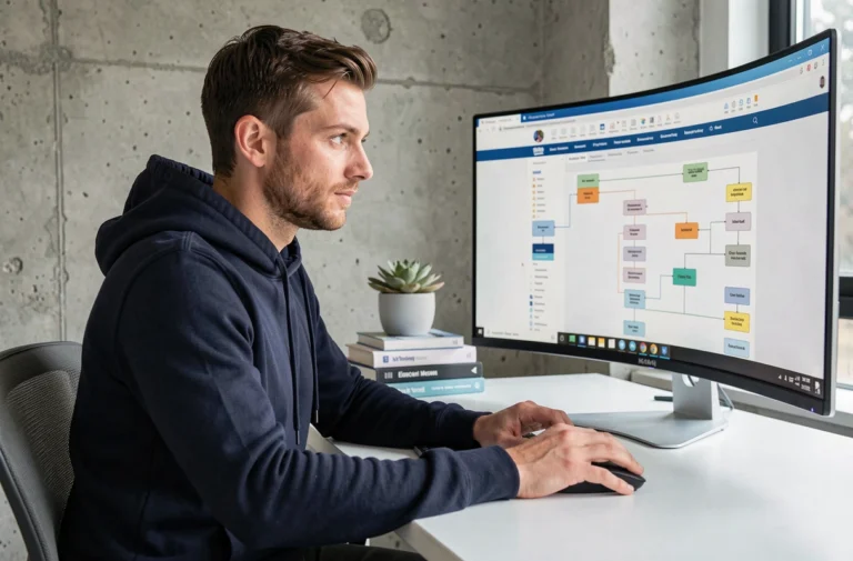 Homme explorant un plan de site high-tech sur un grand écran dans un bureau moderne minimaliste