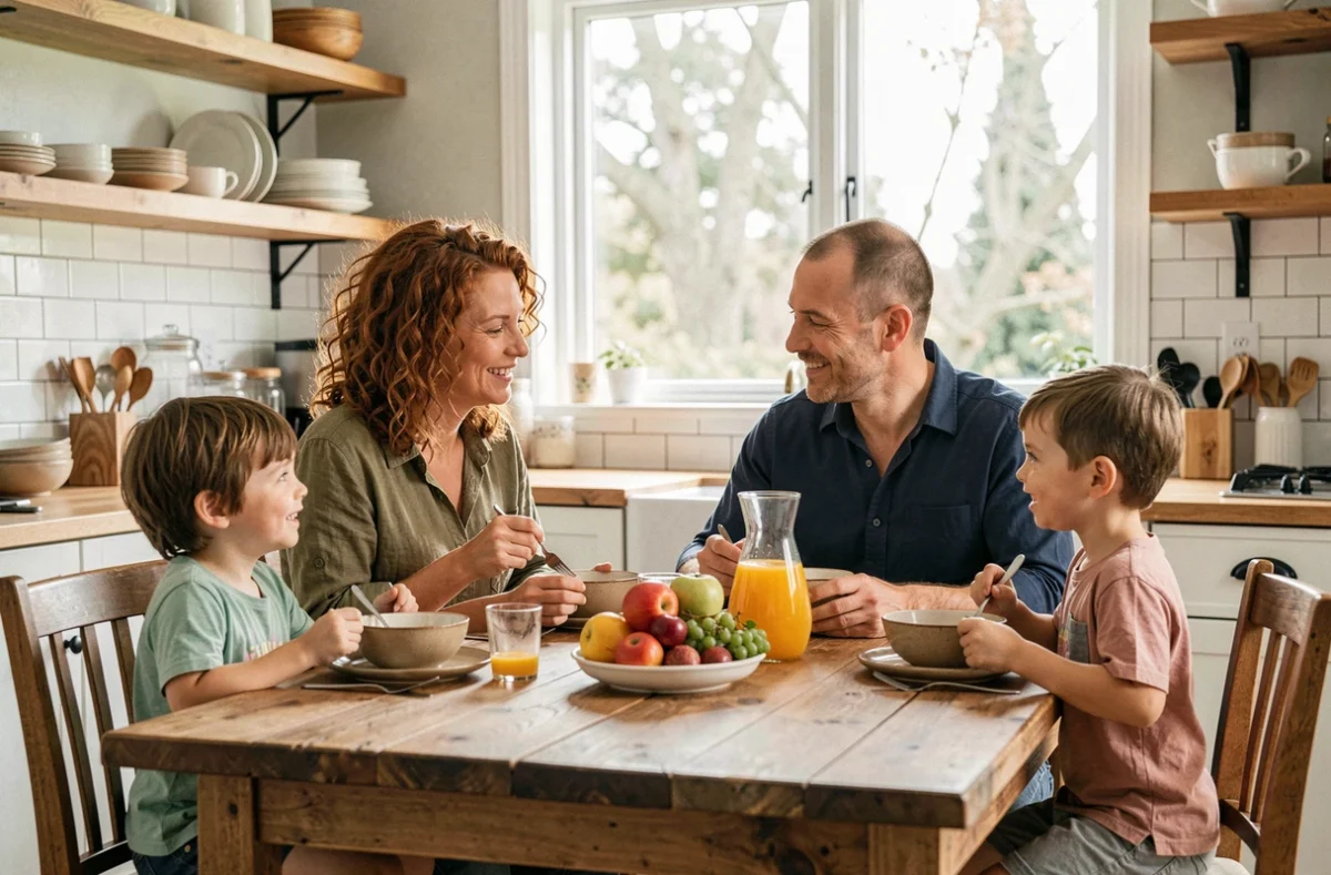 Famille unie autour du petit-déjeuner dans une cuisine lumineuse, parents et enfants partageant un moment bienveillant et chaleureux illustrant la parentalité épanouie