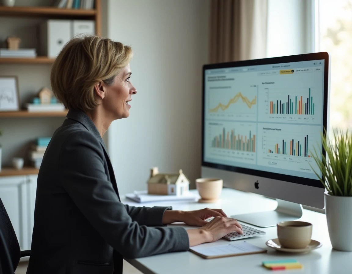 Femme consultant un tableau de bord immobilier numérique dans un bureau à domicile moderne