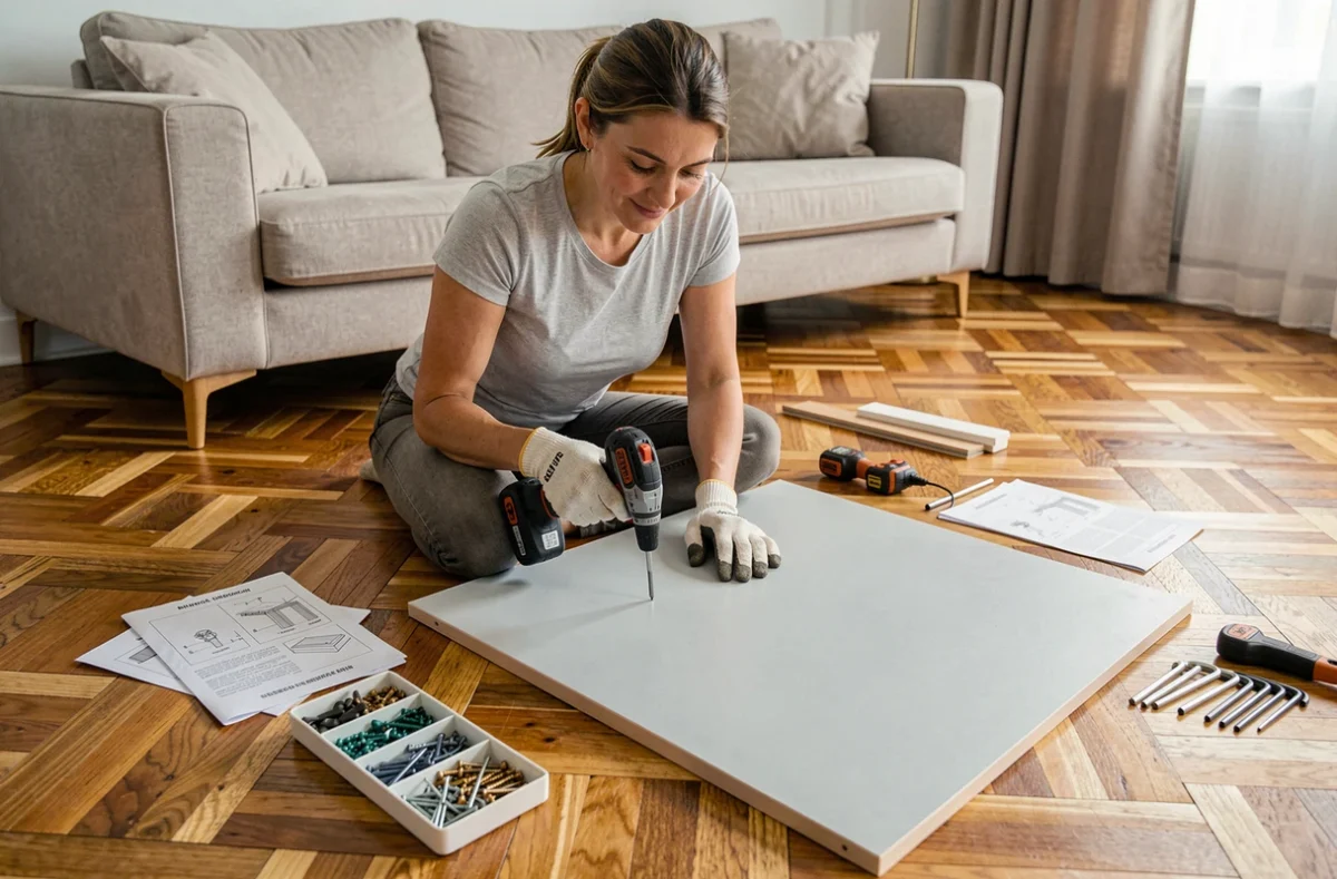 Femme assemblant un meuble en kit avec une visseuse sans fil dans un salon moderne