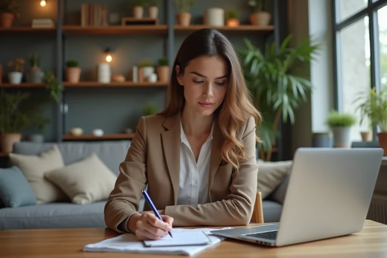 Femme concentrée à la maison en train de gérer ses finances