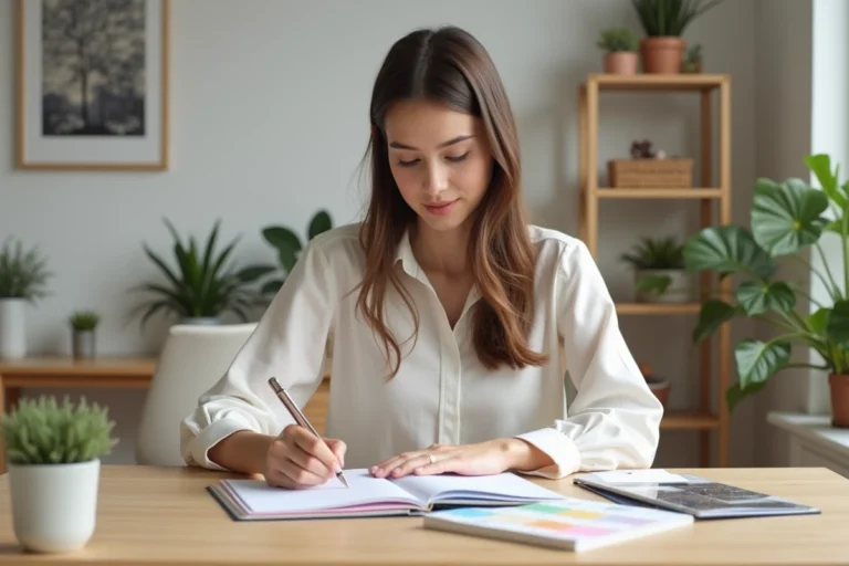 Jeune femme arrangeant des carnets pastel dans un bureau moderne