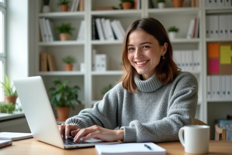 Jeune femme souriante travaillant sur son ordinateur dans un bureau lumineux