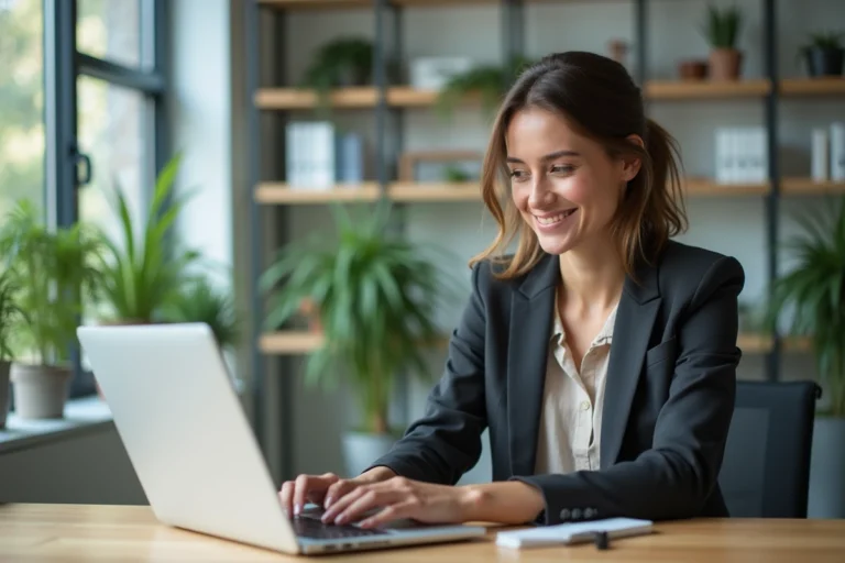 Femme confiante travaillant sur son ordinateur dans un bureau lumineux