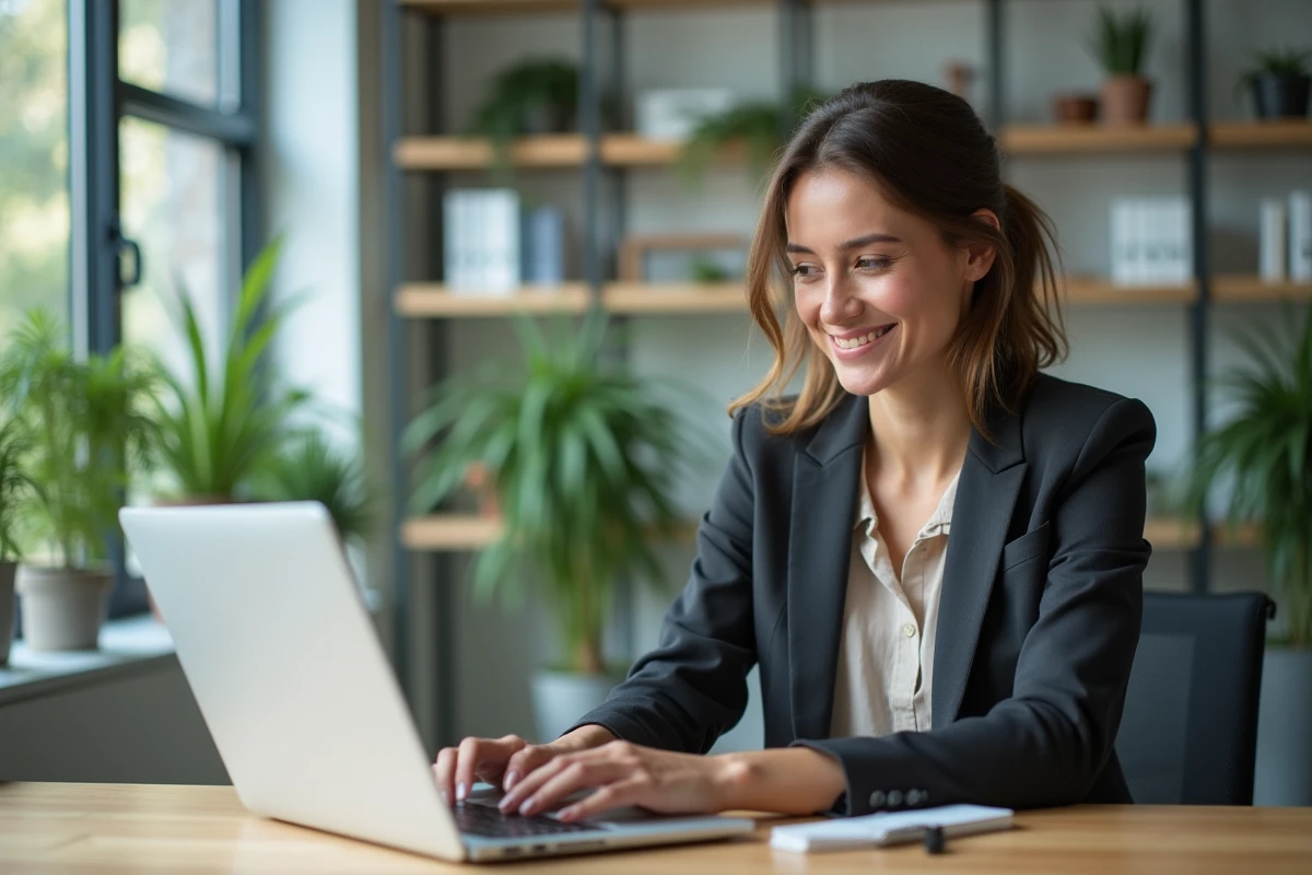 Femme confiante travaillant sur son ordinateur dans un bureau lumineux