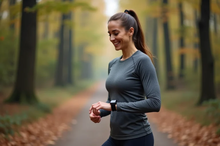 Femme sportive en pleine course dans la forêt automnale