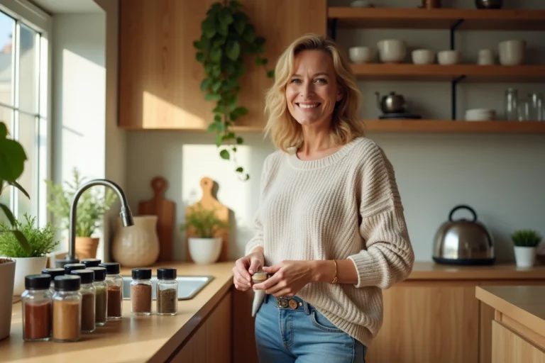 Femme organisée dans la cuisine avec épices