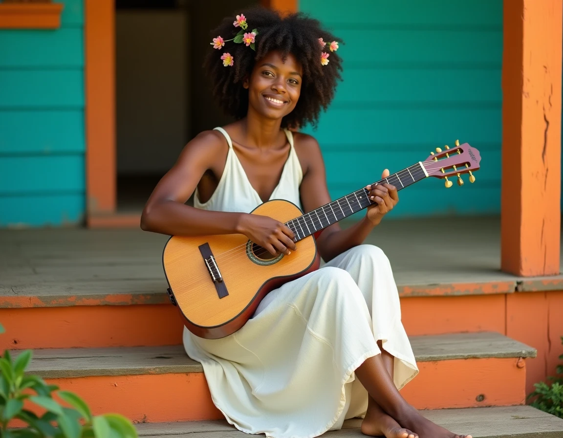 Femme jamaïcaine aux cheveux bouclés jouant de la guitare sur le porche d'une maison colorée en milieu rural