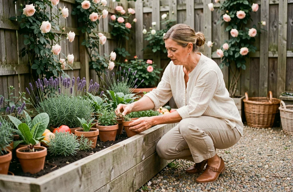 Femme aménageant un potager surélevé en bois avec des herbes aromatiques et des lavandes dans un jardin de style cottage