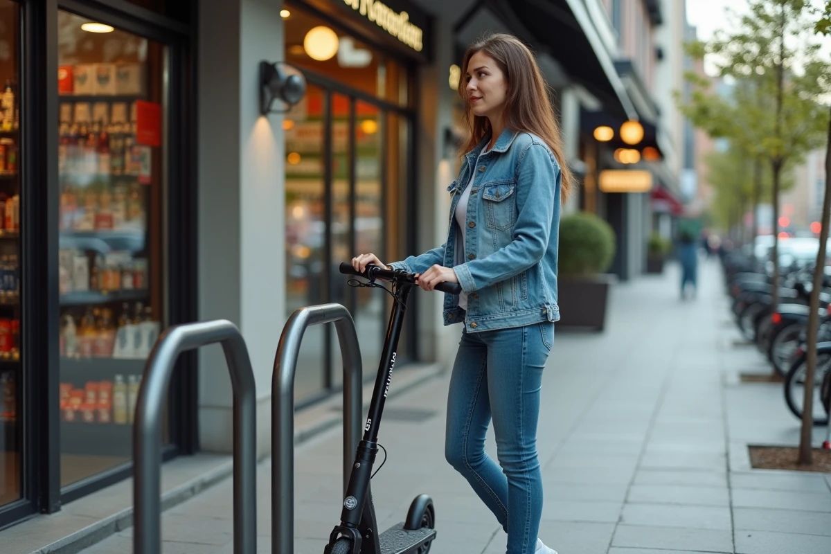 Femme en denim verrouille son scooter en ville