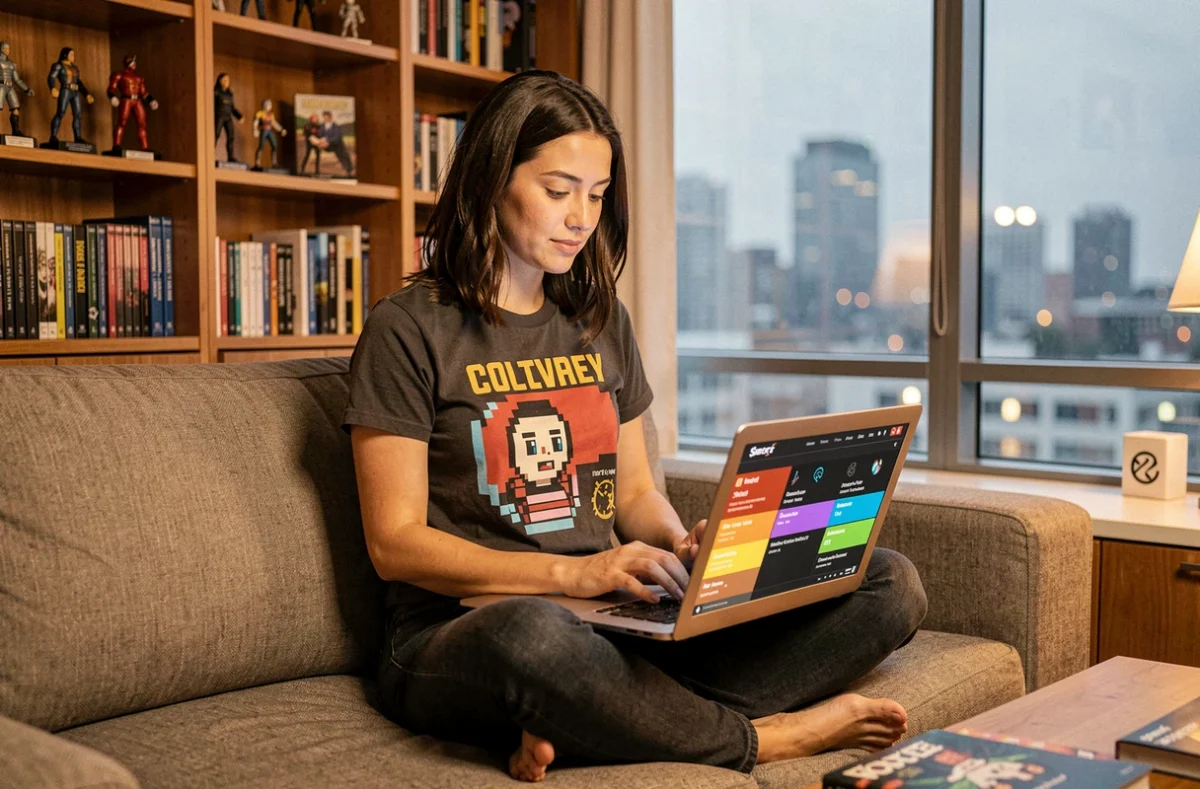 Femme parcourant un plan de site geek sur son laptop dans un salon décoré de figurines et de tech
