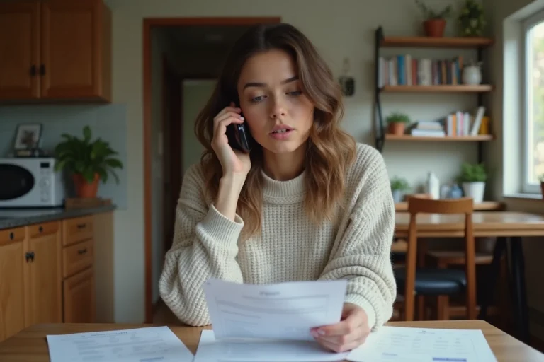 Femme concentrée au téléphone avec papiers sur la table