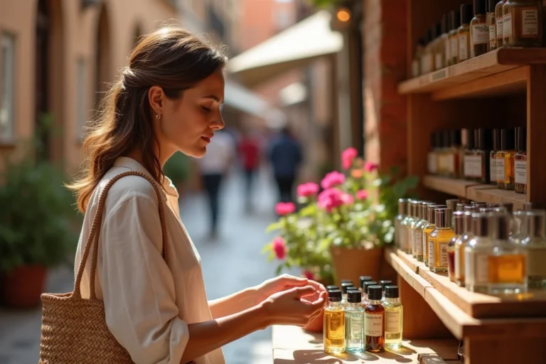 Femme examinant des flacons de parfum espagnols sur un marché en plein air à Séville