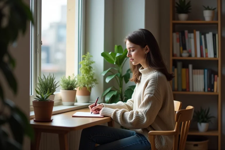 Jeune femme pensant dans un appartement cosy